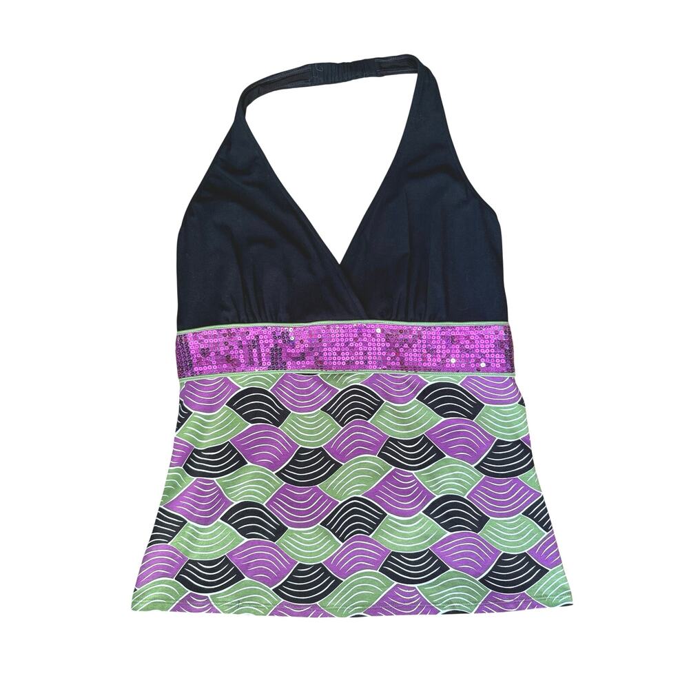 Bisou Bisou Y2K Sequin Halter Top Women’s Large Purple Green Geometric